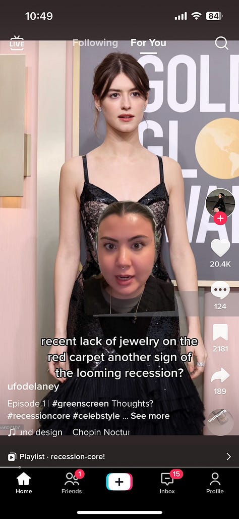 Tiktok commentators and digital culture writers discuss #recessioncore and lack of jewellery on red carpets
