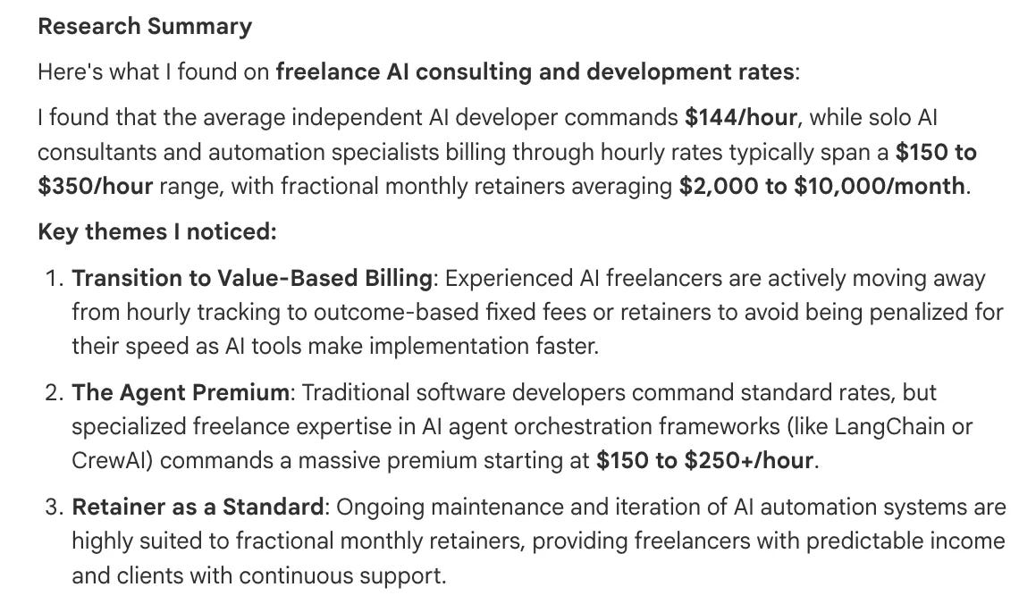 NotebookLM research summary listing freelance AI consulting rates and pricing themes like value-based billing and retainers NotebookLM research summary listing freelance AI consulting rates and pricing themes like value-based billing and retainers