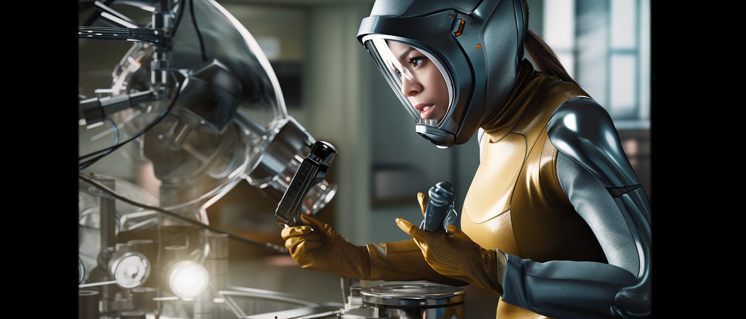 Create a photorealistic image of a female superhero, the Purifos, in a scientific lab, working to remove carbon from the atmosphere. The Purifos should be depicted as a powerful and intelligent superhero, dressed in a high-tech suit with carbon removal technology built into it. The suit should be sleek and futuristic, with a color scheme that evokes the feeling of purity and cleanliness. The Purifos should be shown working in a lab with a variety of advanced scientific equipment, with a focus on the carbon removal technology that she is developing. The overall effect should be one of power and determination, with the Purifos symbolizing the potential of science and technology to help solve the climate crisis. The image should be photorealistic, with intricate details in the Purifos' suit and the scientific equipment in the lab. The colors should be crisp and bright, with a strong contrast between the clean, white lab and the advanced, high-tech equipment. The Purifos should be shown using her carbon removal technology to extract carbon from the air, with visible streams of carbon flowing into the equipment. The background should feature images of wind turbines or solar panels to symbolize the use of renewable energy in the carbon removal process. The image should be shot with a high-quality camera to capture the photorealistic details of the Purifos' suit and the scientific equipment. The composition should be balanced and dynamic, with a sense of movement and action in the Purifos' pose and the carbon removal process. All the elements in the image should work together to create a sense of hope and optimism for the potential of science and technology to help fight climate change. The Purifos should be a symbol of the power of human ingenuity to tackle even the