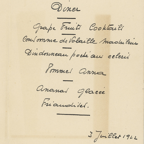 Four images of text from the RMS Majestic passenger list and two from the ship's dinner menu. The menu pages are printed black on light brown or sepia paper. The first page also has a log of a red flag with a white star. The menu is handwritten in blank ink in French. Its cover has a line drawing of a woman in fancy dress above script reading "R.M.S. Majestic Restaurant"