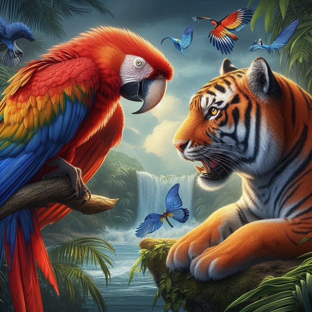 a scarlet macaw and a bengal tiger arguing over which one of them is more beautiful photorealistic