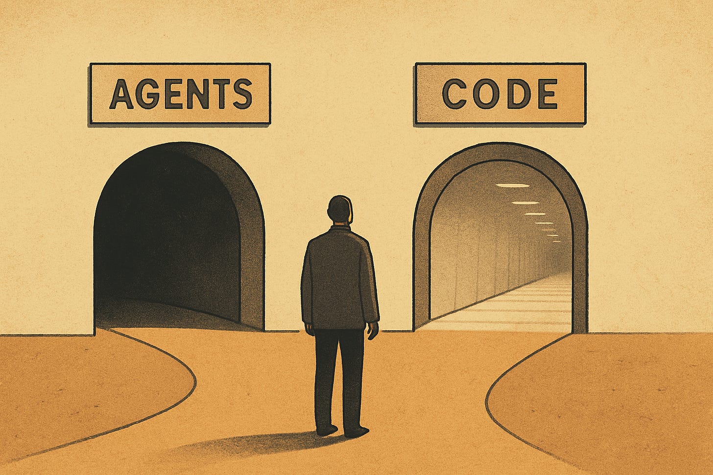 A person like in front of two tunnels, one is agents and one is code.