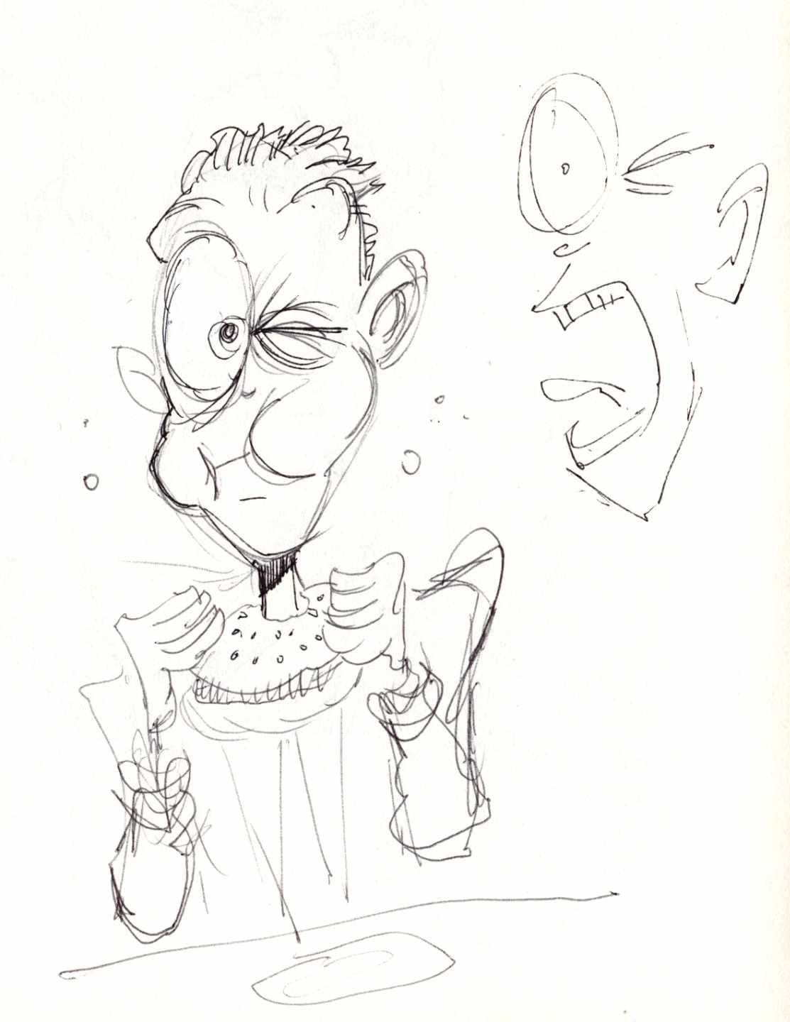 Ballpoint cartoon of a man really not enjoying the bite of burger. Ballpoint cartoon of a man really not enjoying the bite of burger.