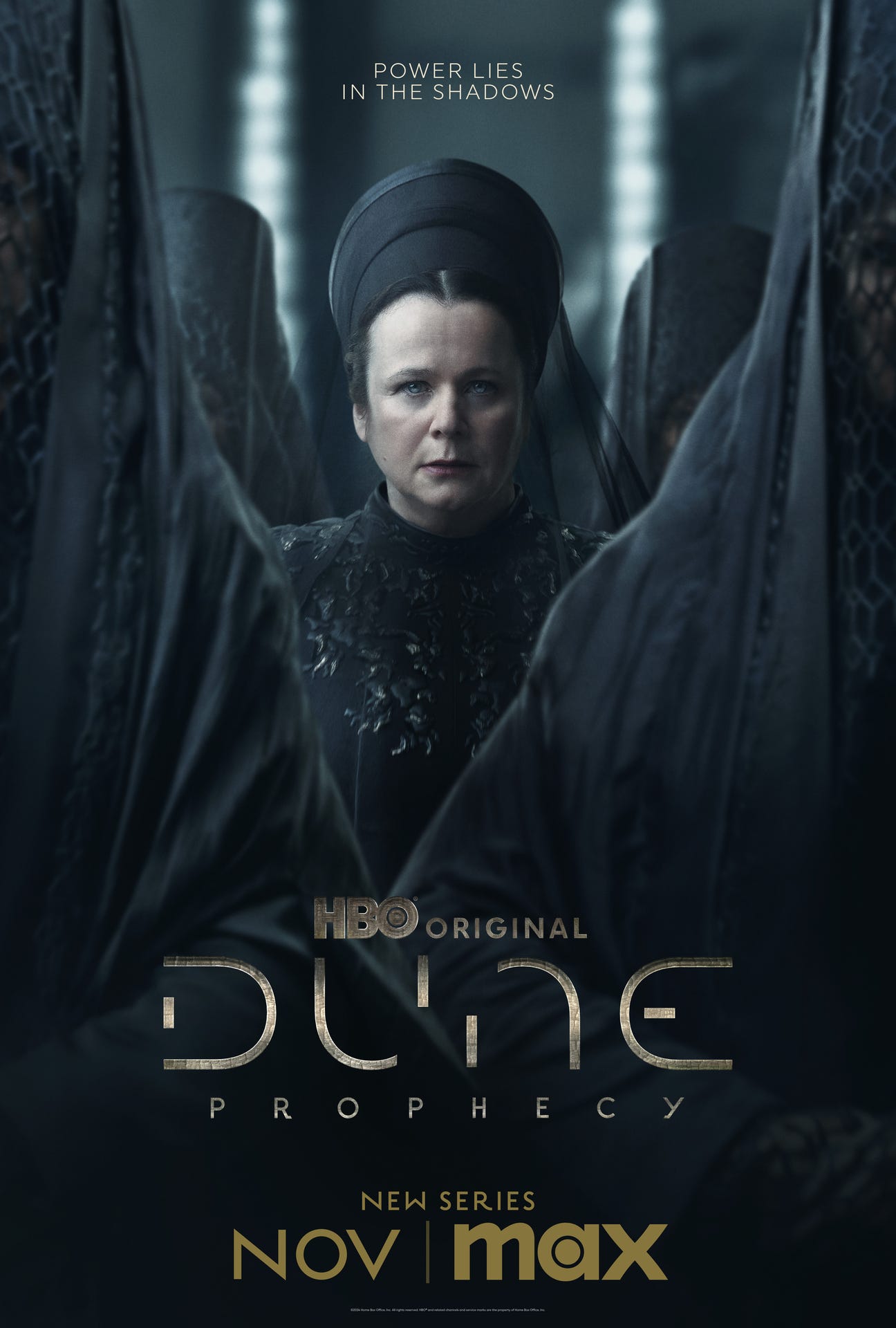 Poster for Dune: Prophecy showing several veiled women in black and the words "Power lies in the shadows" at the top.