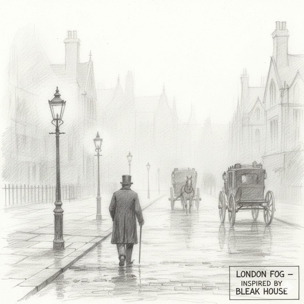 View of London with fog surrounding the street with a few carriages.
