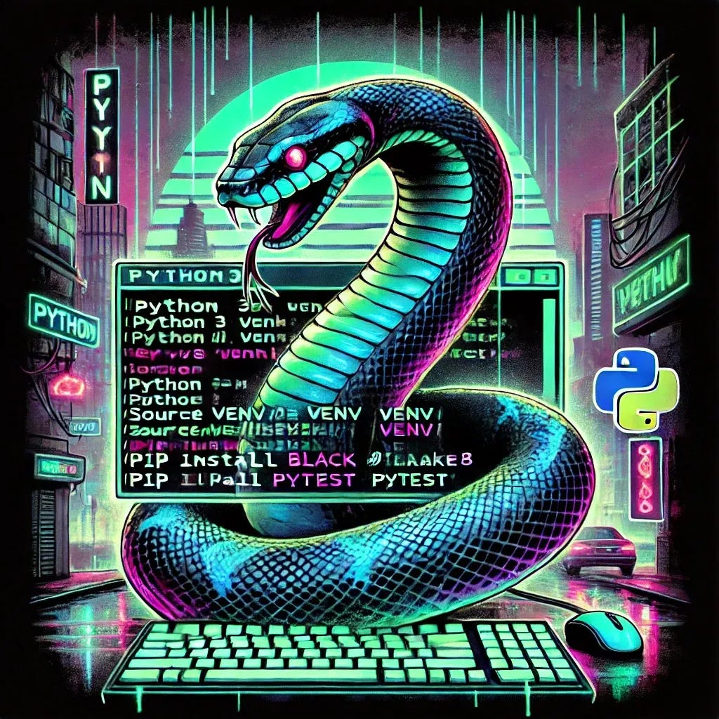 A cyberpunk-style illustration of a futuristic python coiling tightly around a glowing command-line terminal window displaying Python setup commands.