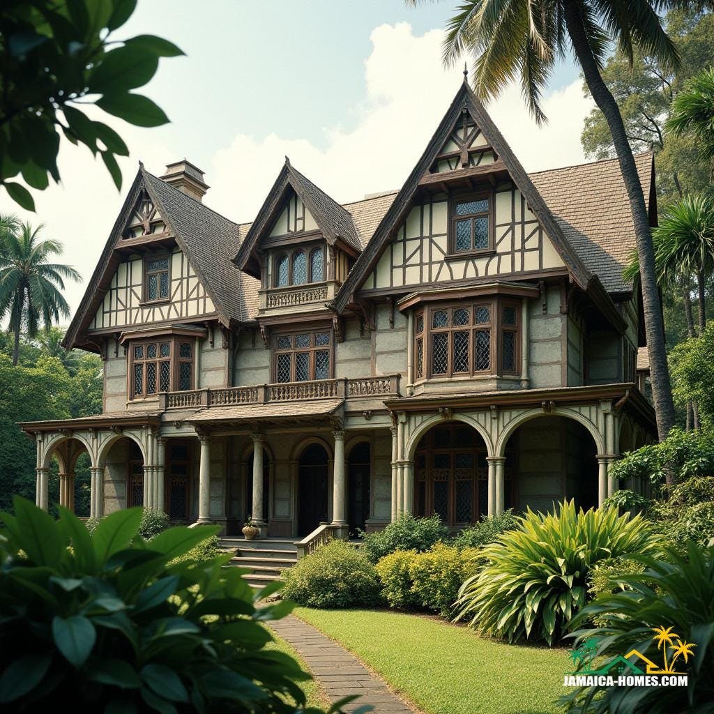 A majestic Tudor-style mansion in Jamaica, with steeply pitched gable roofs, half-timbering, and tall narrow windows with diamond-shaped panes, set against a lush tropical backdrop