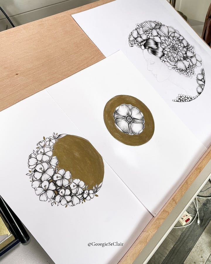 Pen and ink botanical illustrations, with gold metallic watercolour paint, inspired by spring blossom