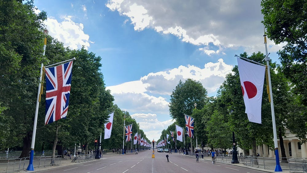 The Mall with Union Jack and Japanese flags in London
