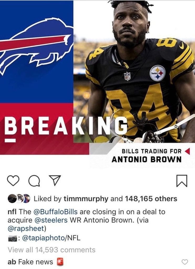 Tweet Antonio Brown a los Buffalo Bills. Tweet Antonio Brown a los Buffalo Bills.