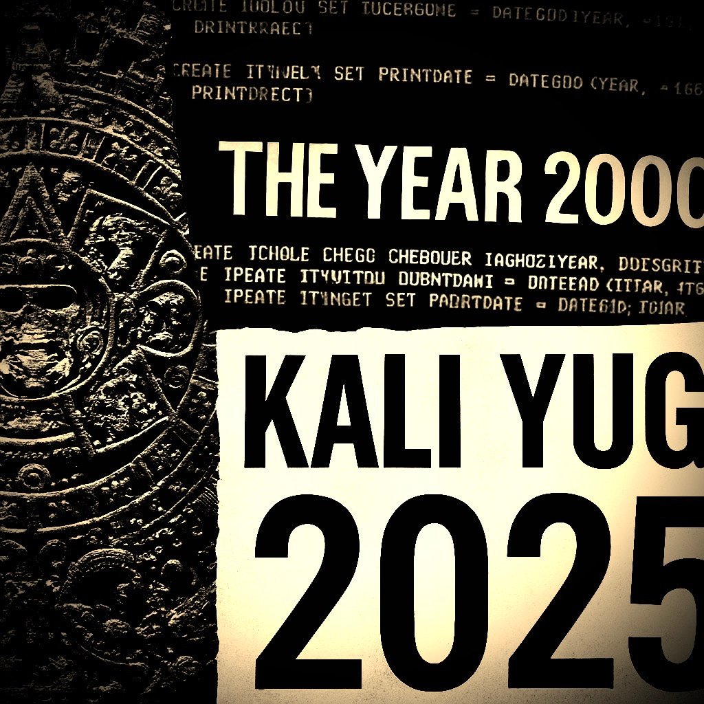 A black-and-white collage showing three apocalyptic countdowns: the left features the carved detail of a Mayan calendar, the top includes glitchy Y2K programming text with the words “THE YEAR 2000,” and the bottom shows a bold headline reading “KALI YUGA 2025.” The composition highlights how different eras project fears of collapse onto symbolic dates