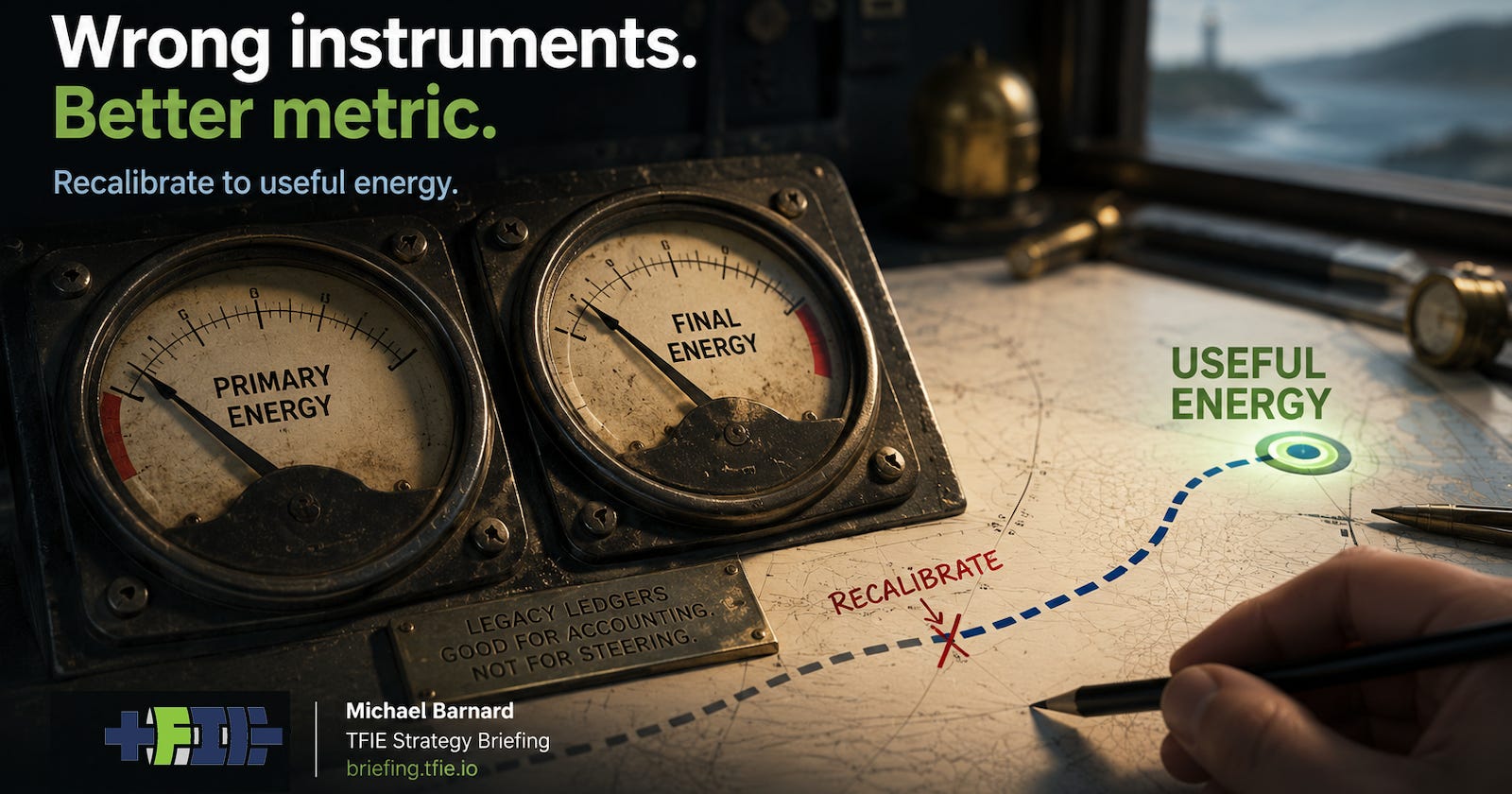 Legacy primary and final energy gauges are being recalibrated toward useful energy.