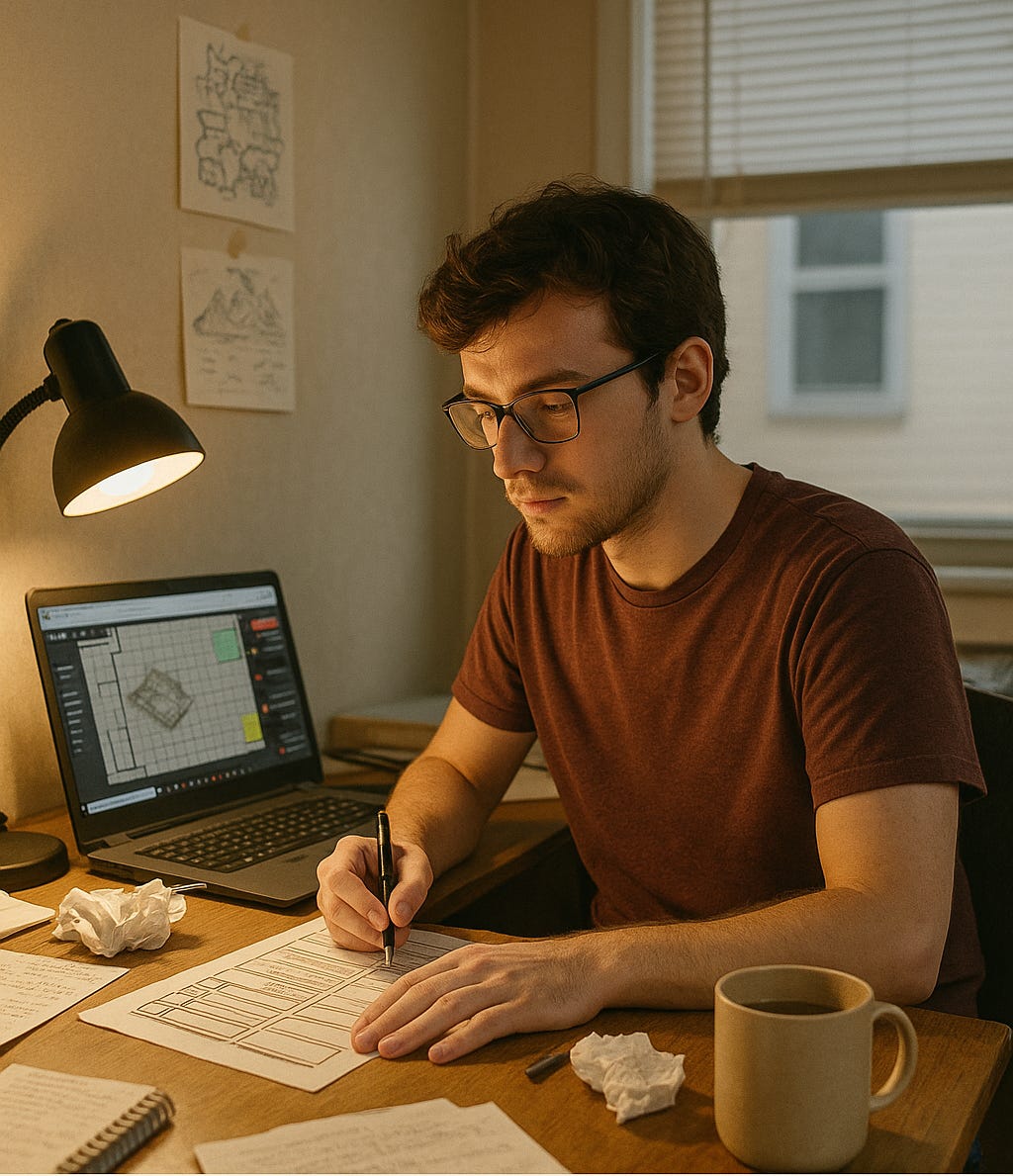 Eli sitting at his desk, scribbling on papers, surrounded by gaming materials