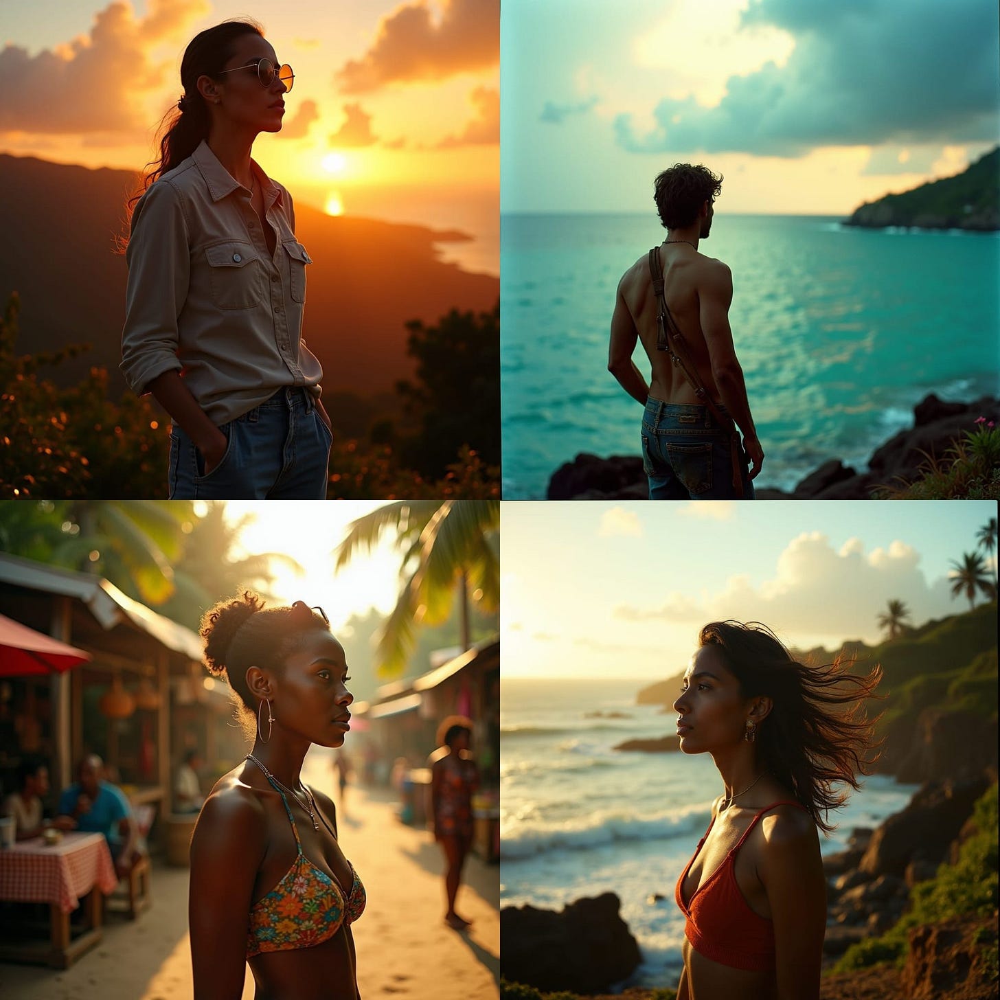 Freelancer in Jamaica" depicts a scene of a Jamaican freelancer working remotely from a picturesque tropical setting. The individual is seated outdoors, laptop open on a wooden table, with a lush backdrop of palm trees and vibrant flowers, capturing the essence of Jamaica's natural beauty. Soft sunlight filters through, creating a warm, inviting ambiance that highlights the freedom and flexibility of remote work. In the distance, the turquoise sea glimmers under a bright blue sky, adding to the relaxed yet productive atmosphere. The freelancer appears focused and content, embracing the unique blend of productivity and paradise that Jamaica offers, illustrating the appeal of the digital nomad lifestyle in an idyllic Caribbean setting.