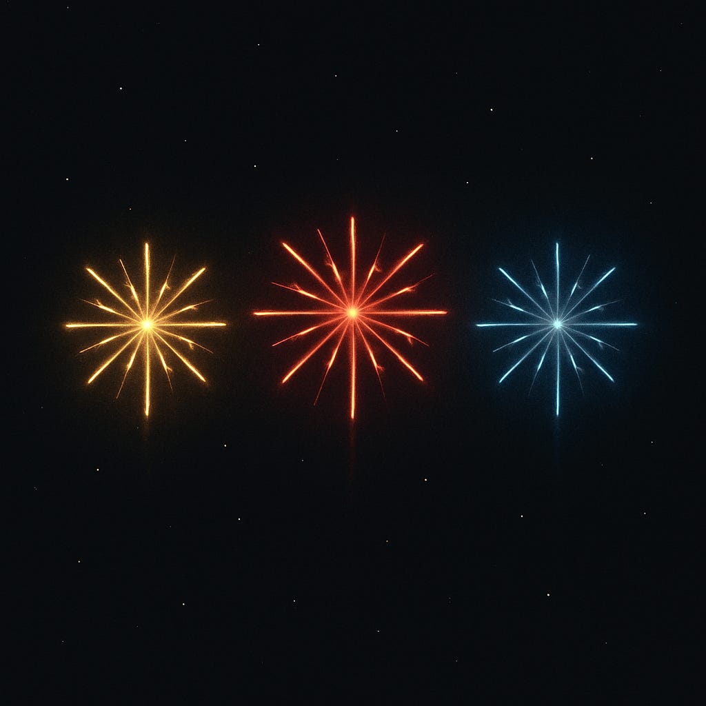 Three fireworks in yellow, red, and blue light up a dark night sky, each glowing with radiant streaks.