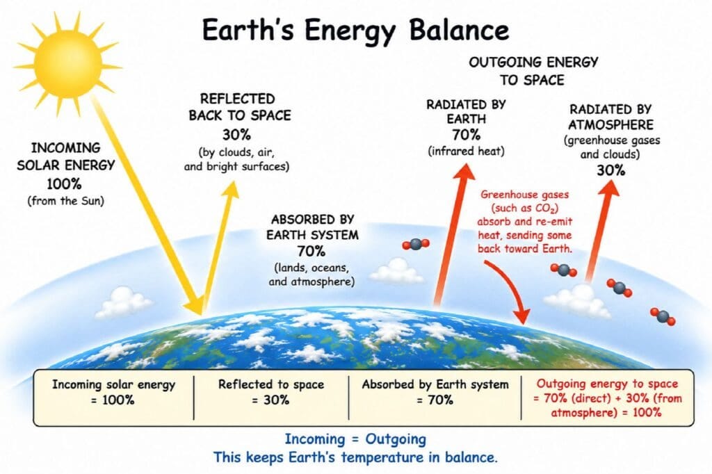 Figure 1. Earth's energy balance. About 30% of incoming solar energy is reflected back into space, while 70% is absorbed by the Earth system. That absorbed energy is eventually returned to space as infrared heat, emitted both by Earth's surface and by the atmosphere. Over time, incoming and outgoing energy remain in balance.