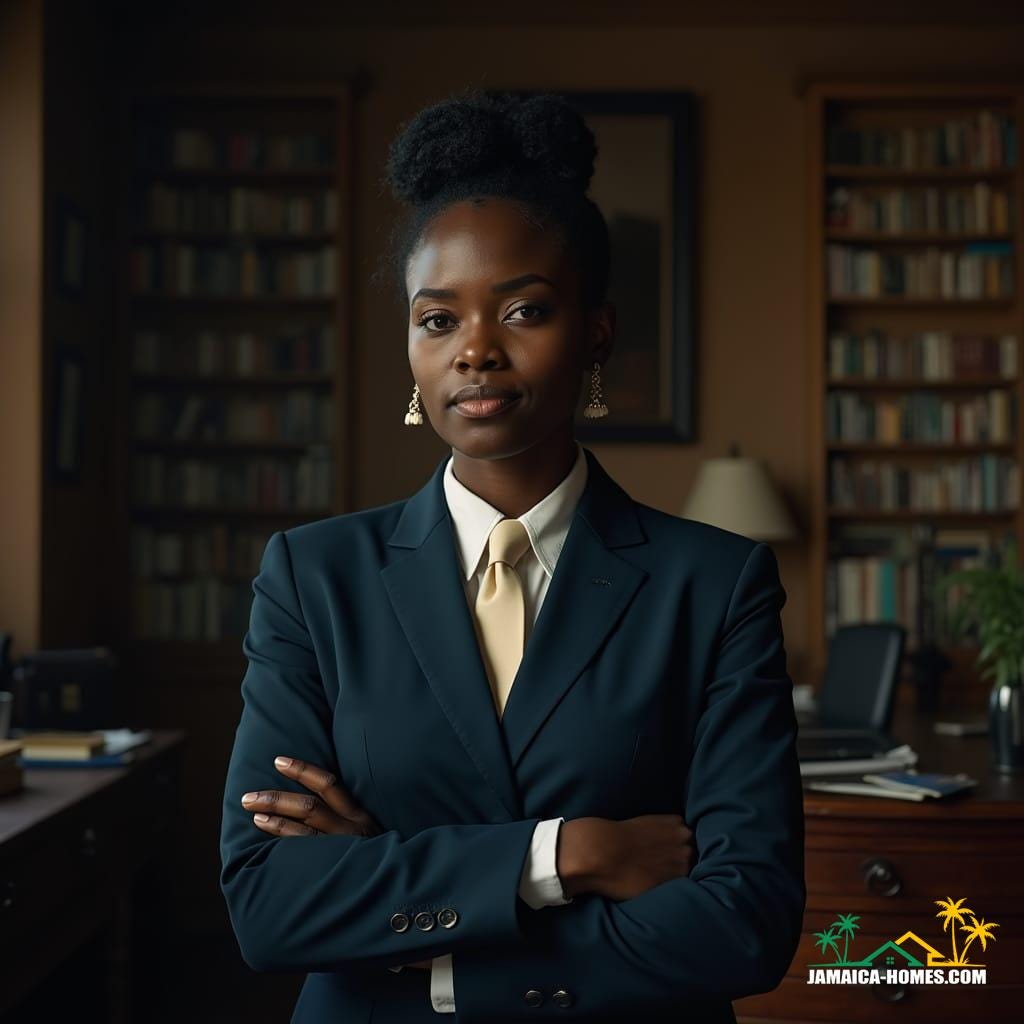 A stately Jamaican woman with dark, rich skin and elegant features, wearing a tailored suit and tie, stands confidently in a dimly lit, atmospheric setting, reminiscent of a cinematic film still. Soft, warm light casts a subtle glow on her face, accentuating her striking features, as she begins to explain the intricacies of Jamaican land laws. The background is a subtle blur, with hints of a wooden desk or bookshelf, adding depth and context to the scene. Her expression is authoritative, yet approachable, as if she's about to reveal a crucial piece of information.