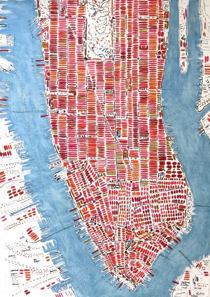 This may contain: a map of new york city drawn in red and blue watercolor on white paper This may contain: a map of new york city drawn in red and blue watercolor on white paper