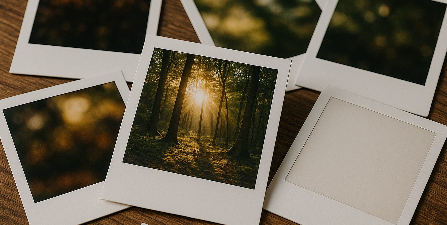 A scattered collection of Polaroid photos on a wooden surface. One vivid image shows a bright sunlit forest. The others are faded or blurred. A single blank Polaroid sits off to the side, untouched.
