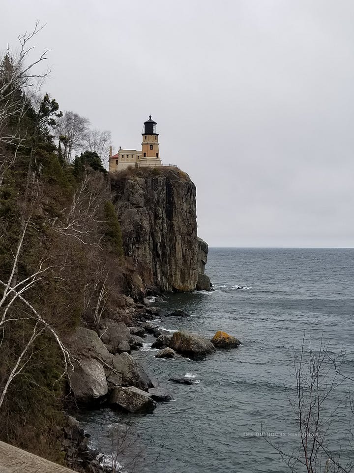 A split image showing the iconic Split Rock Lighthouse perched on a cliff in the distance, and a second interior shot looking up into the intricate glass prisms of the massive Fresnel lens.