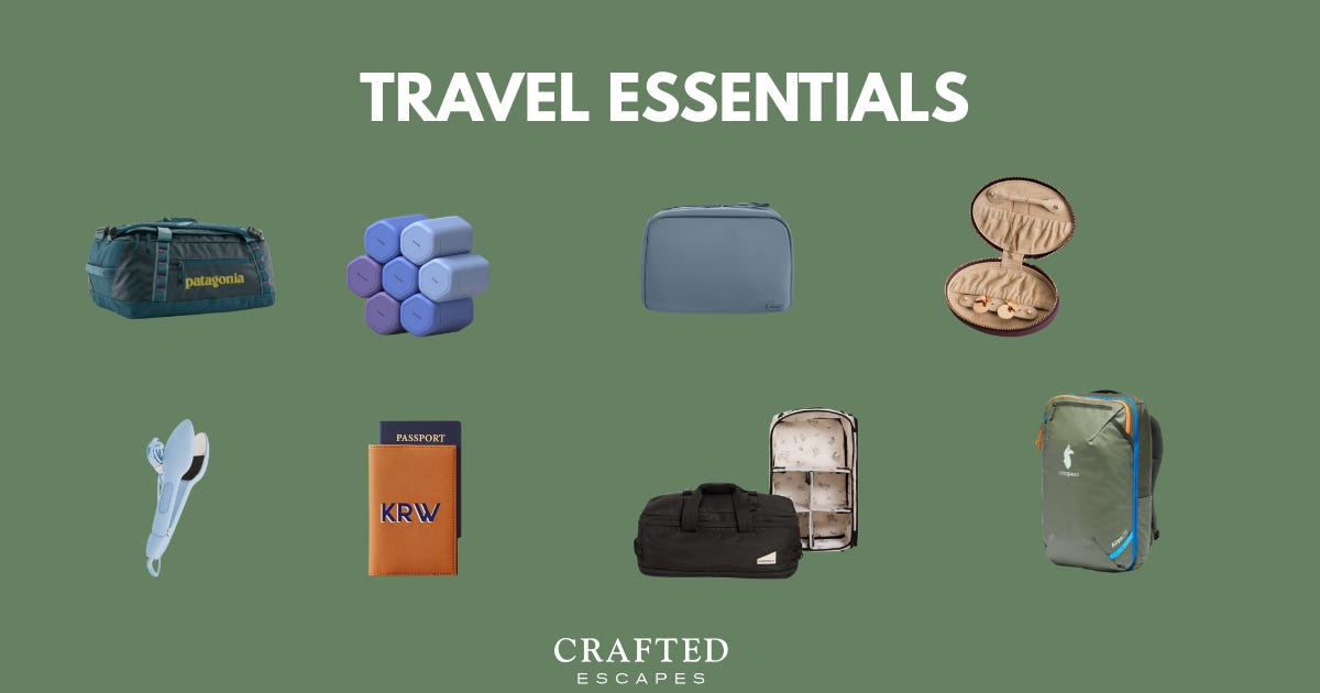 travel essentials like jewelery case, mini steamer, toiletry bag, customized passport