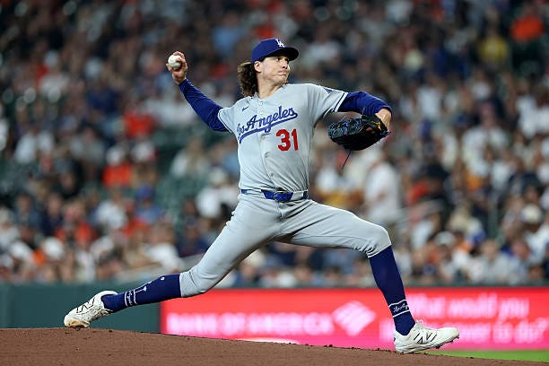 Tyler Glasnow of the Los Angeles Dodgers pitches in the first inning against the Houston Astros at Daikin Park on May 06, 2026 in Houston, Texas.