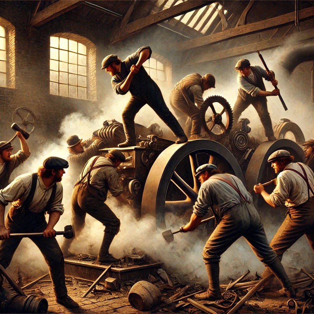 A dynamic scene of Luddites from the early 19th century, dressed in simple working-class clothing typical of the Industrial Revolution. They are actively attacking and destroying a steam engine with tools like hammers and crowbars. The focus is solely on the destruction of the machine, with parts breaking off and steam escaping. The setting is an old, dimly lit factory, highlighting the struggle between the workers and the machinery. No depiction of dead or injured people, only the act of rebellion against the machine.