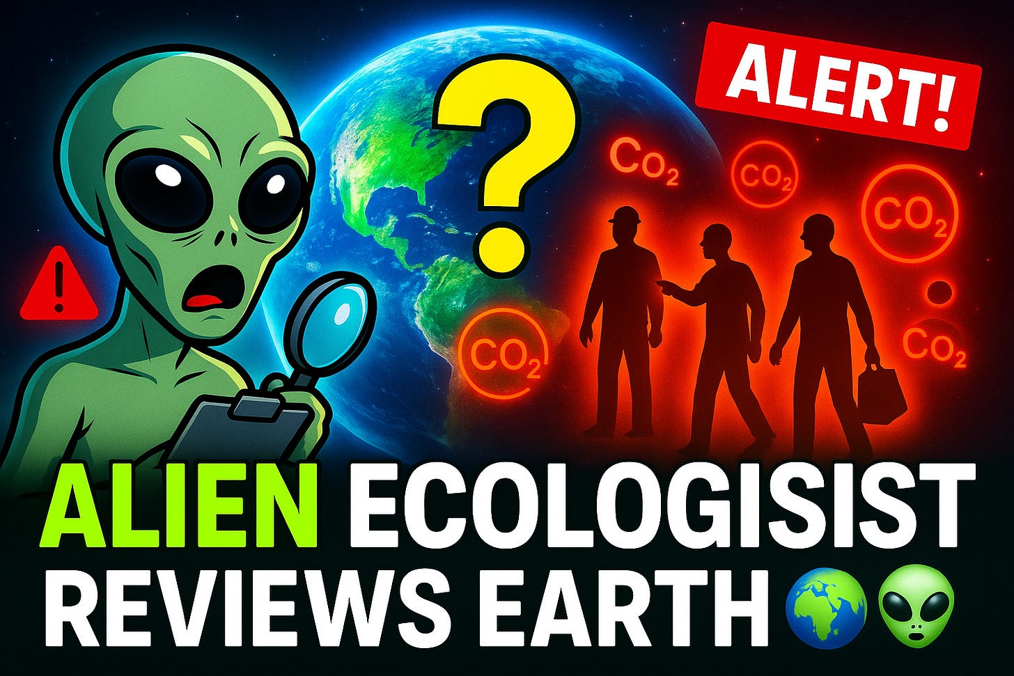 A banner image in the style of a cheesy, clickbait YouTube video thumbnail. On the left, it shows a green alien with a clipboard, magnifying glass, and shocked expression. In the middle, it shows a glowing Earth, with a giant yellow question mark in the center. On the right, red silhouettes of humans surrounded by glowing CO₂ symbols. It's captioned with bold text on the bottom that reads “ALIEN ECOLOGIST REVIEWS EARTH 🌍👽,” while in the upper-right is a red "ALERT!" banner.