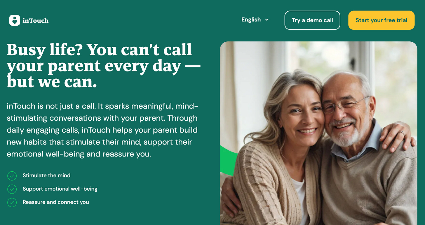 Screenshot of ad for inTouch headlined “Busy life? You can’t cal your parent every day -- but we can.” With a photo of a daughter and her father. Screenshot of ad for inTouch headlined “Busy life? You can’t cal your parent every day -- but we can.” With a photo of a daughter and her father.