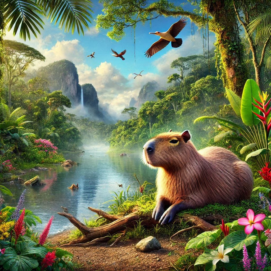 a capybara in the amazon jungle photorealistic