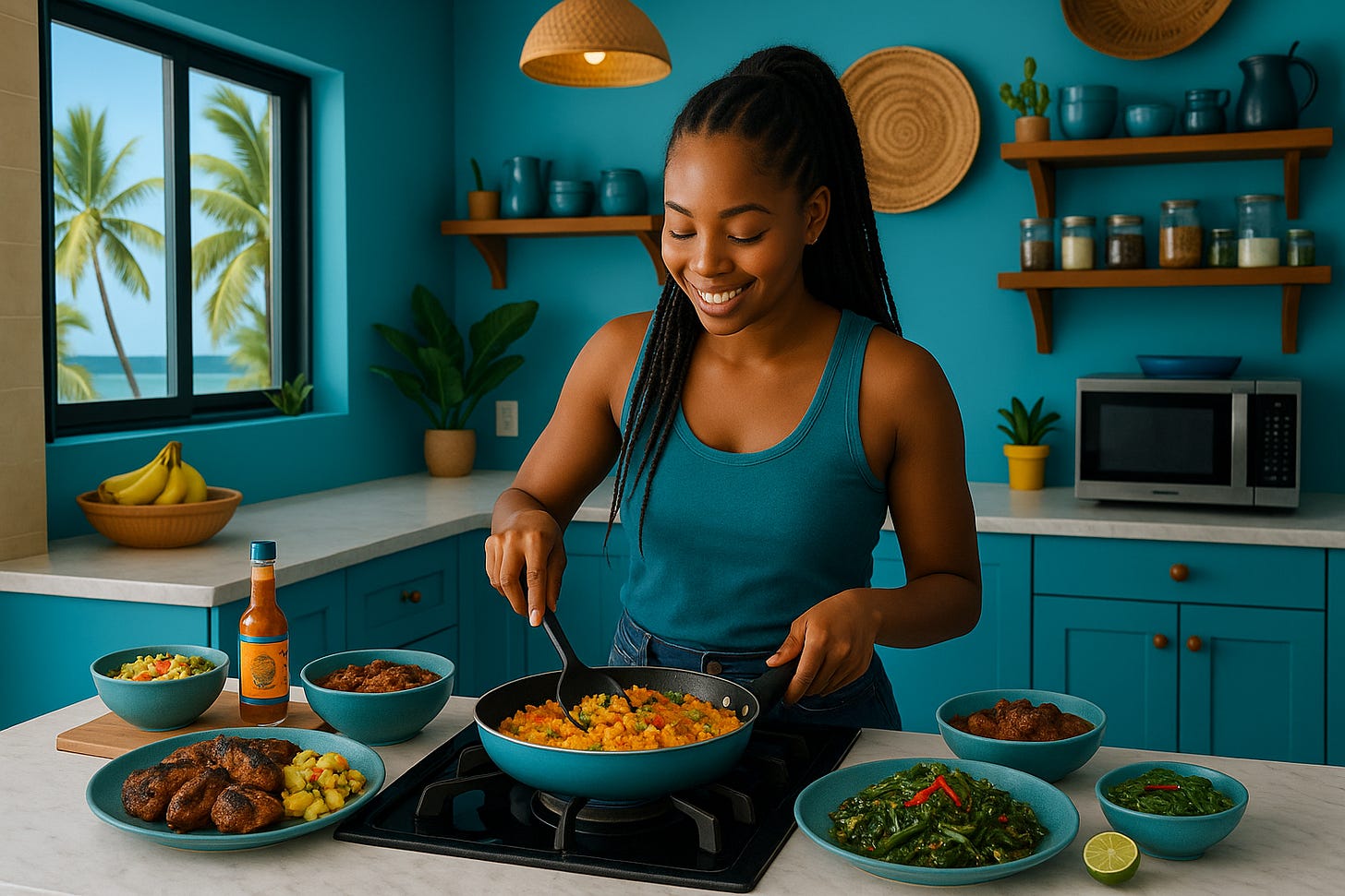 A young Black woman with long hair in a ponytail and braids in the front, wearing a teal tank top, smiles while cooking a Caribbean meal in a bright island-style kitchen decorated with teal and blue accents. She’s surrounded by colorful ingredients like peppers, plantains, and herbs. A young Black woman with long hair in a ponytail and braids in the front, wearing a teal tank top, smiles while cooking a Caribbean meal in a bright island-style kitchen decorated with teal and blue accents. She’s surrounded by colorful ingredients like peppers, plantains, and herbs.