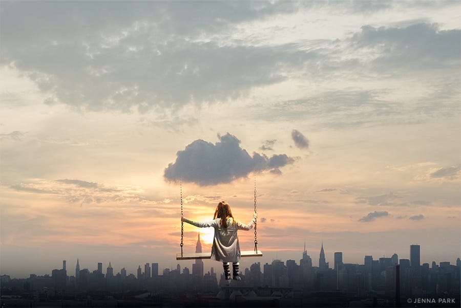 Girl on a swing overlooking NYC