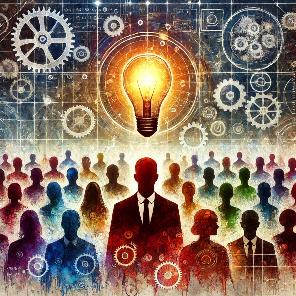An abstract image that explores the concept of intelligence and uniqueness. The image shows a crowd of diverse people with one person standing out, illuminated by a glowing light bulb above their head, symbolizing genius. The other individuals have faded or dim light bulbs, representing average intelligence or untapped potential. The background includes subtle gears and mathematical symbols to represent complex thought processes, with a mix of vibrant and muted colors to emphasize contrast between genius and average thinking.