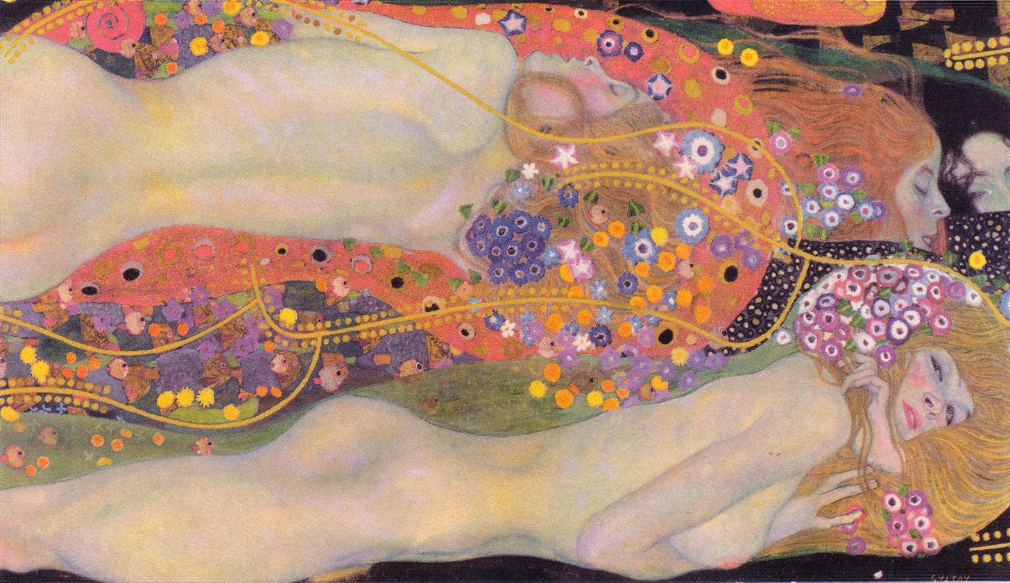 A painting by Gustav Klimt of women intertwined in flowing water with gold and mosaic patterns surrounding their bodies in sensual intimacy.
