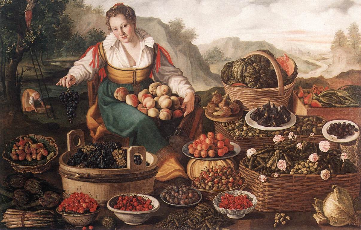 A young woman surrounded by baskets overflowing with grapes, figs, peaches and melons A young woman surrounded by baskets overflowing with grapes, figs, peaches and melons