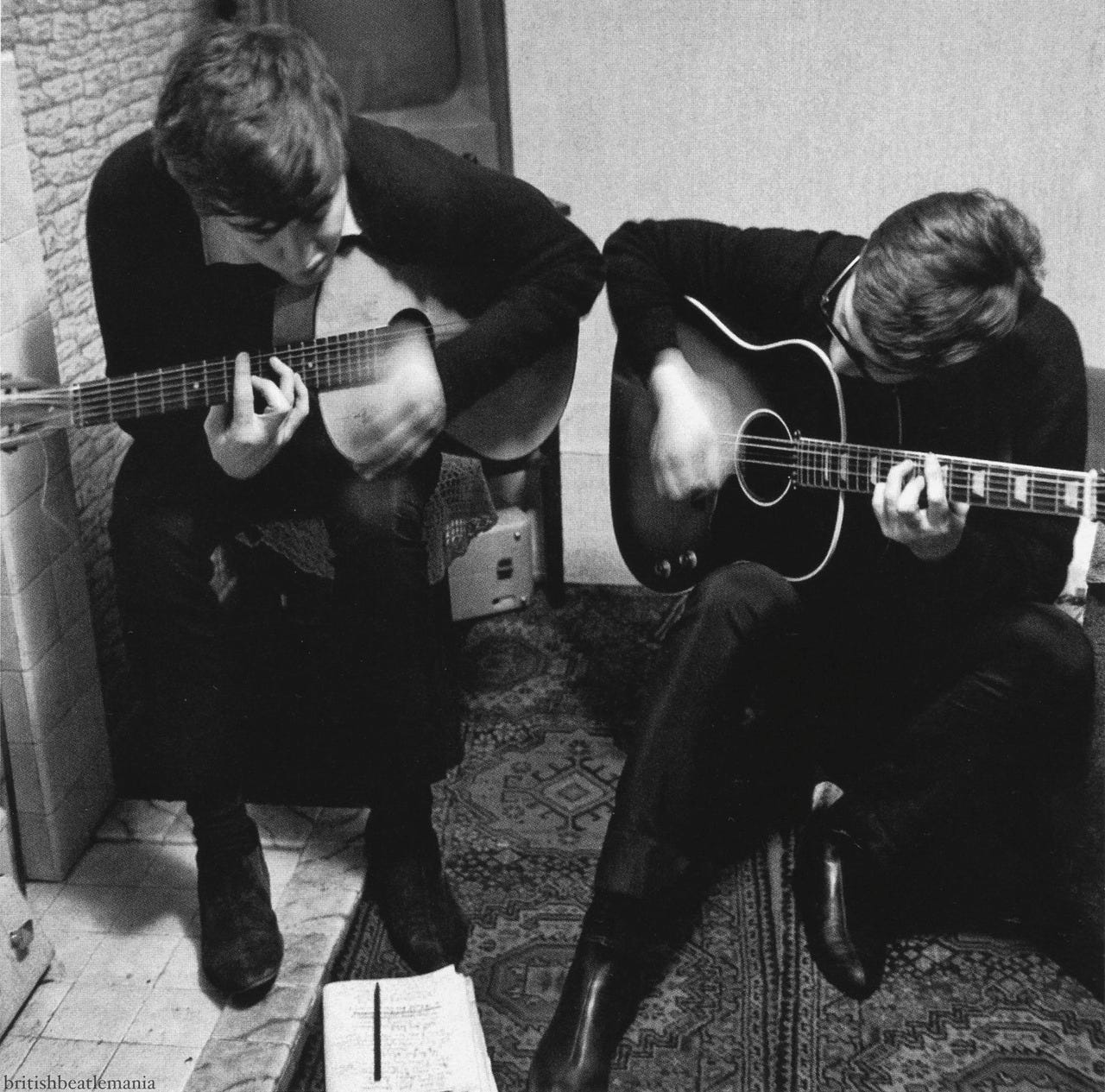 Paul McCartney and John Lennon writing “I Saw Her Standing There,” 1962
I looked this photo up after reading about it in Joshua Shenk’s Powers of Two: Finding the Essence of Innovation in Creative Pairs:
“ One late November afternoon in 1962, John...