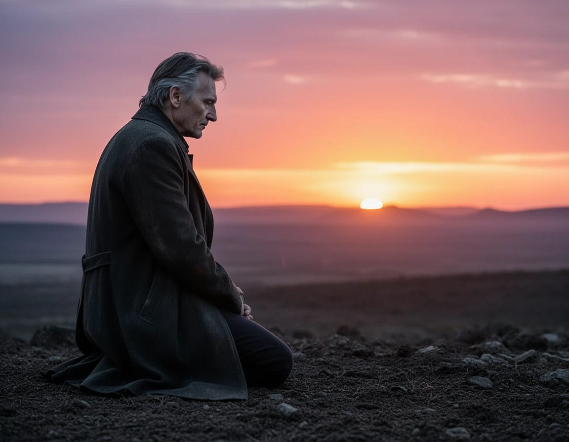 Liam Neeson on knees praying to the west