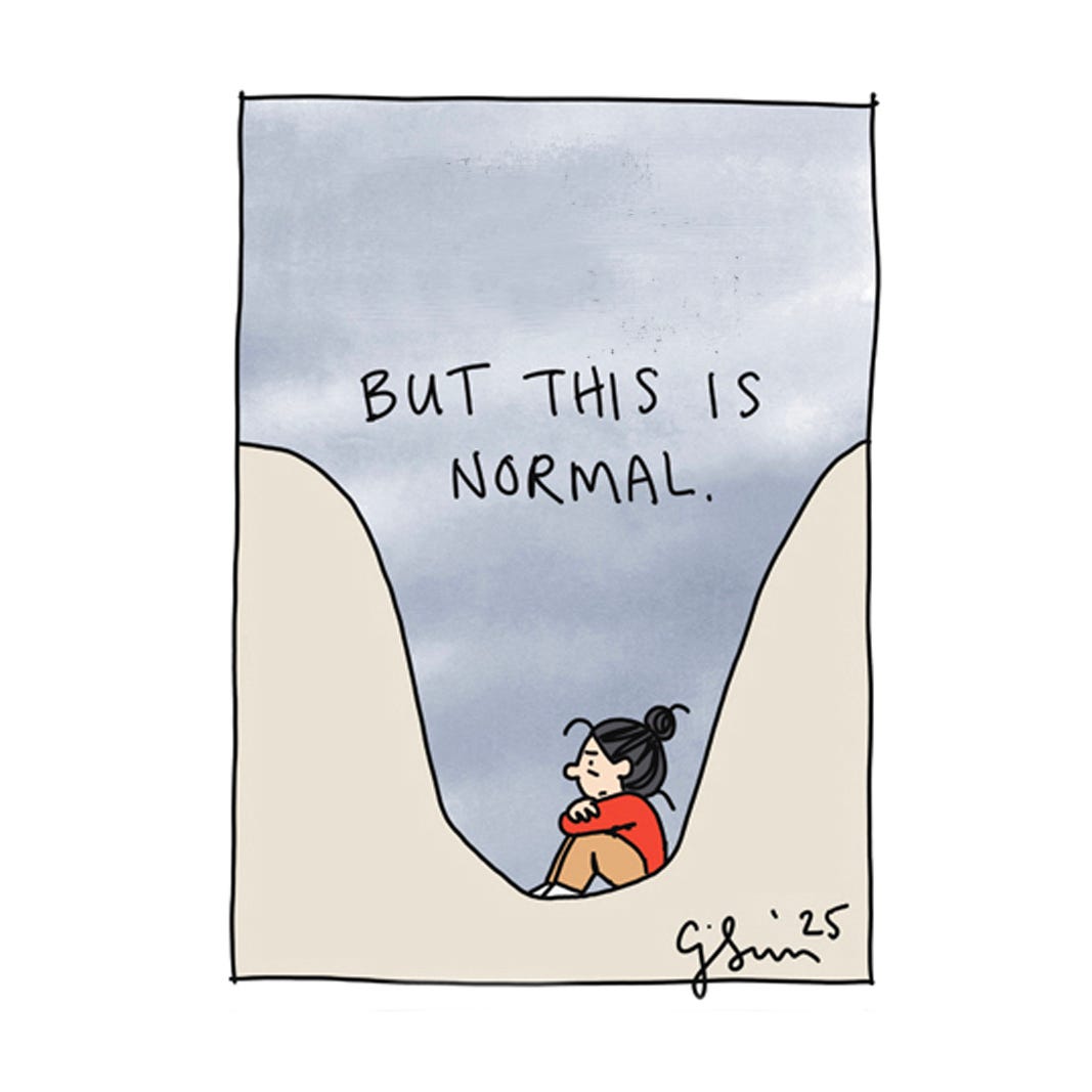 Excerpt from a 4-panel comic strip about the ups and downs of life and trying to get out of a rut. Titled "A Part of Doing Hard Things," by Connie Sun, cartoonconnie, 2025.