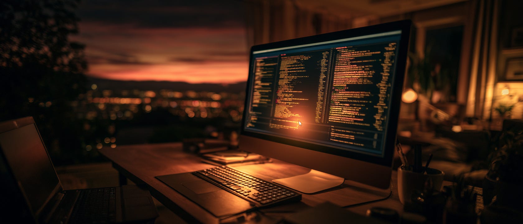 A single monitor glowing in a dim room at night