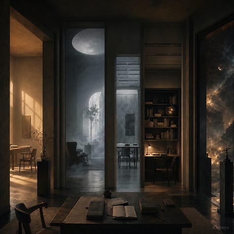 A nine-image conceptual visual essay showing different forms of creative atmosphere. The images include a person reading beside falling rain, a writer under an approved cloud in an institutional room, a figure seated before a large projected weather diagram, a person studying maps under golden light, a worldbuilder drawing over a glowing cosmic map, a quiet interior with several rooms and changing atmospheres, and two reflective portraits of writers in warm and shadowed light. The set explores the idea that creative work has its own emotional, symbolic, intellectual, and atmospheric weather.