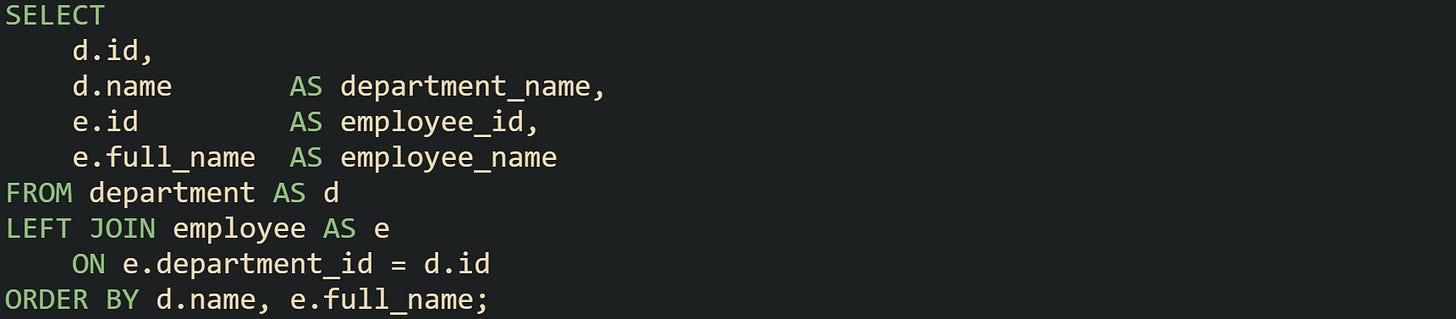 SELECT     d.id,     d.name       AS department_name,     e.id         AS employee_id,     e.full_name  AS employee_name FROM department AS d LEFT JOIN employee AS e     ON e.department_id = d.id ORDER BY d.name, e.full_name;