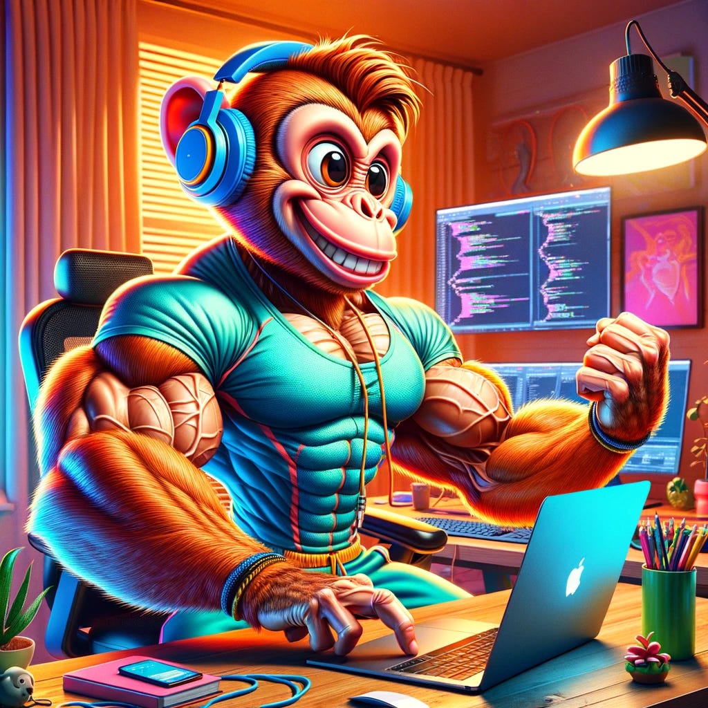 A vibrant digital art of a monkey coding on a laptop, looking super strong and energetic. The monkey has exaggerated muscular arms and a determined expression. It's seated in a modern home office environment, surrounded by high-tech gadgets and digital screens. The monkey is wearing headphones and a sporty outfit, enhancing the humorous and exaggerated theme of the artwork. The color palette is bright and lively, with a playful touch to the overall scene.