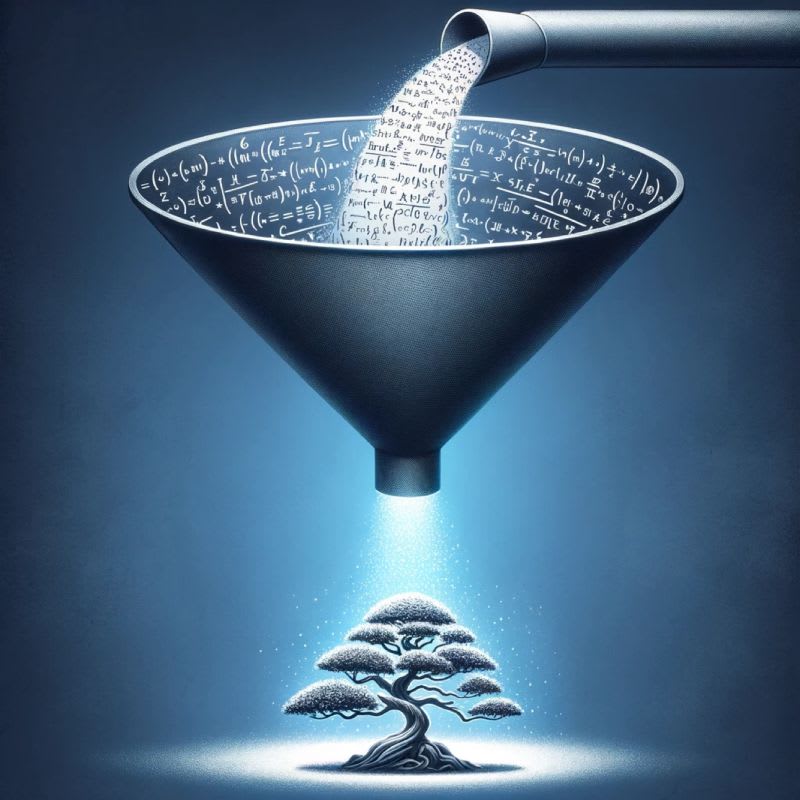 Não foi fornecido texto alternativo para esta imagemIlustração de um funil recebendo fórmulas complexas no topo e despejando luz refinada sobre um bonsai, simbolizando a transformação de conhecimento denso em sabedoria simples e clara, como propõe o Método Feynman.