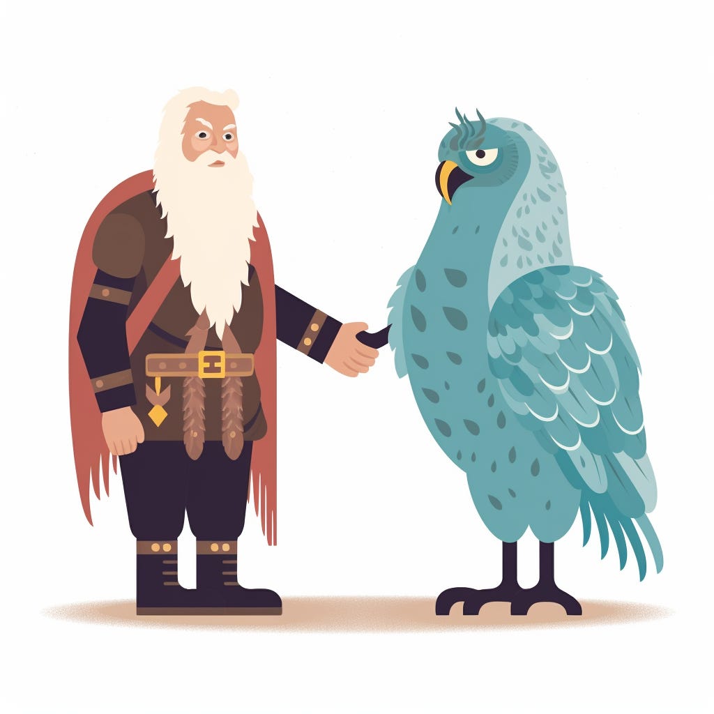 the Duolingo bird and the norse god Odin, shaking hands, friendly