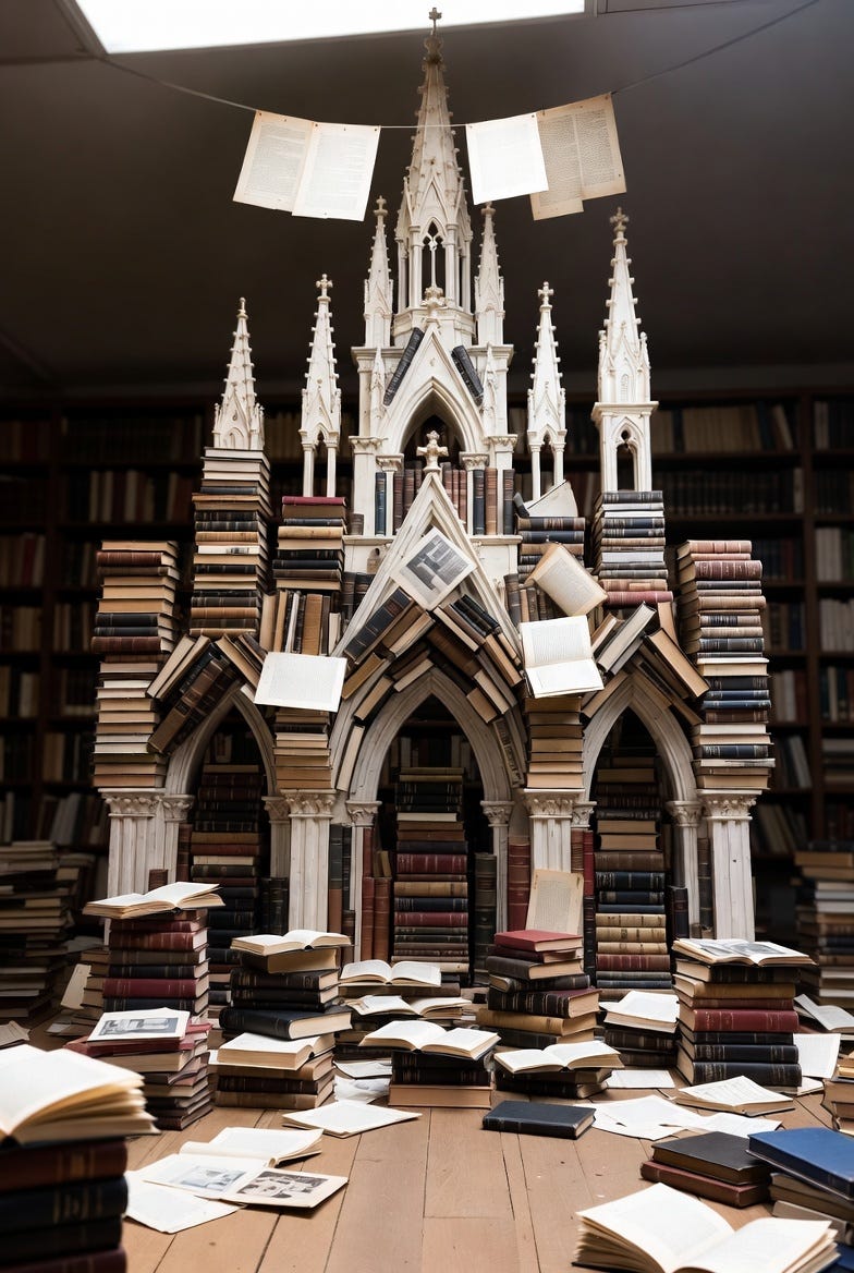 A cathedral-like structure made from misfiled books and documents in a library setting.