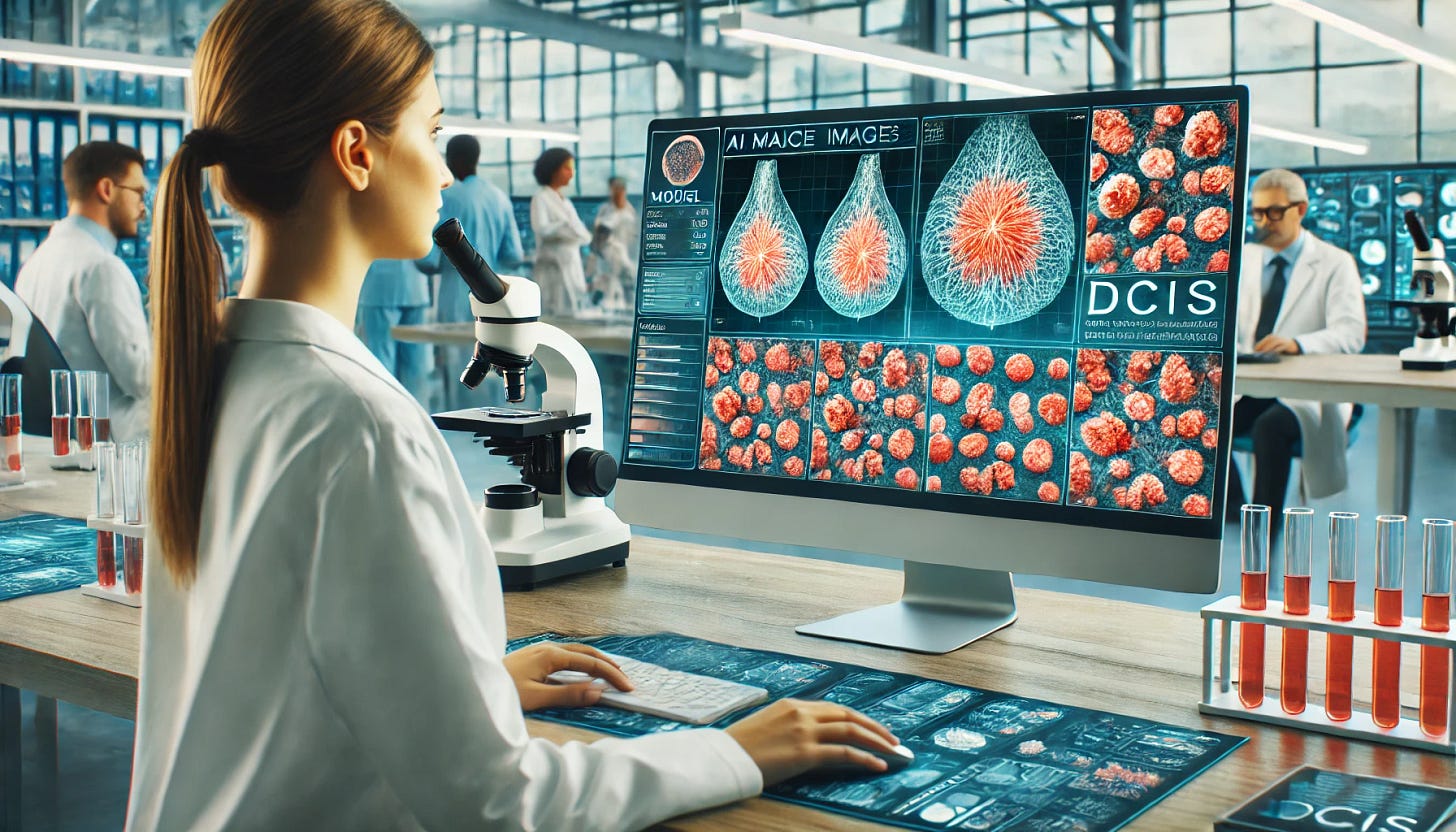 A landscape image showing an AI model analyzing breast tissue images. The scene should depict a computer screen displaying detailed tissue images with highlighted cell states and spatial organization. The background can feature a modern lab setting with scientists working.