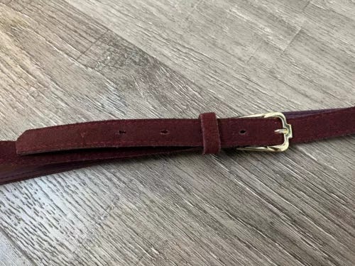 Vintage 60s 70s Burgundy Dark Red Thin Suede Leather Belt Gold Buckle L / XL - Picture 2 of 3