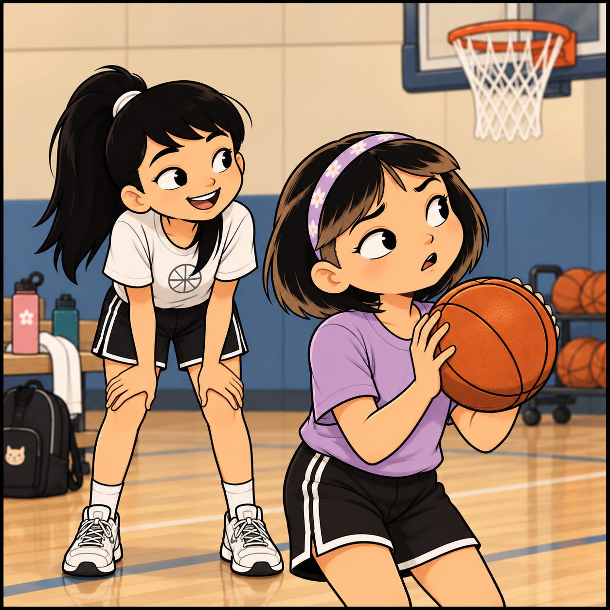 Aari lines up a basketball shot while Zara watches from behind.