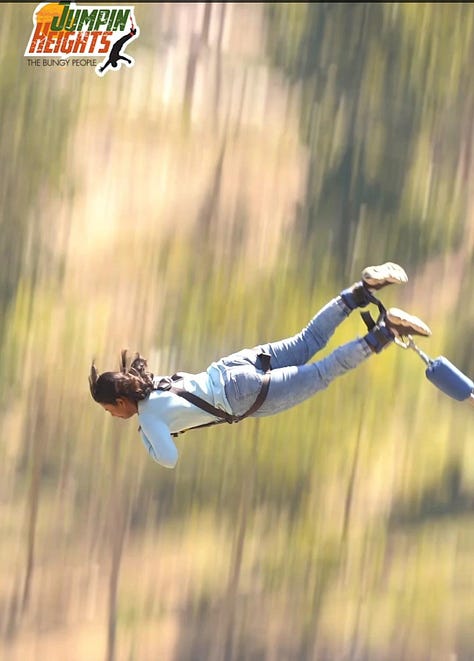 Jumping off a bungy, photos of the author in mid-air.