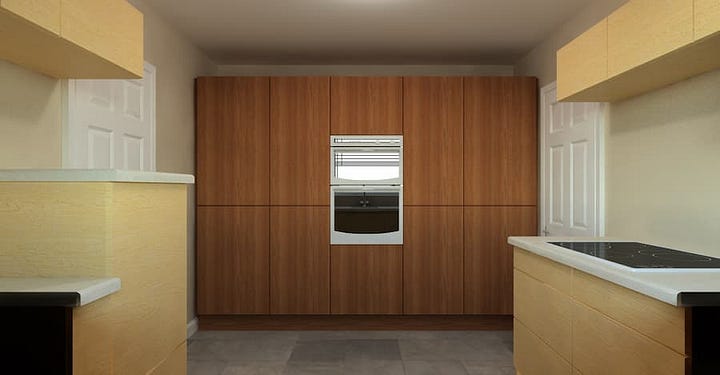Modern kitchen design computer generated showing the front and back of the kitchen